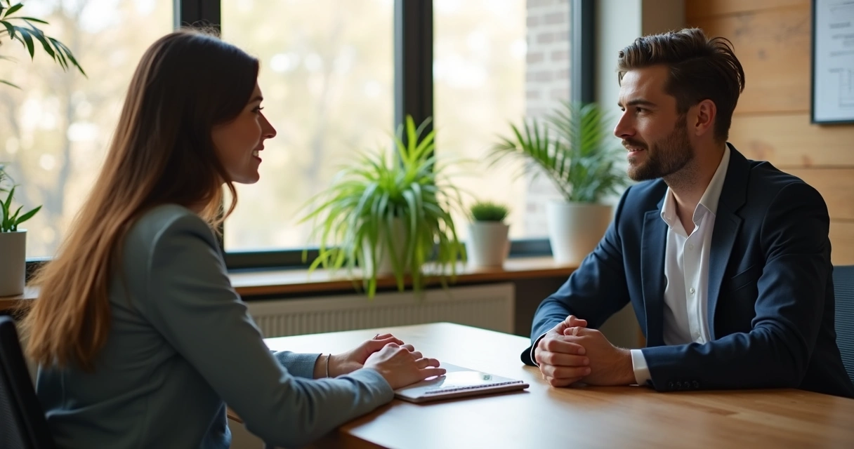 Liderança ouvindo colaborador em conversa individual no escritório