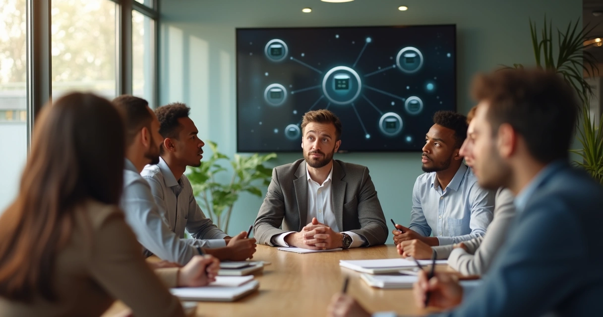 Equipe diversa em reunião praticando escuta ativa em uma sala de reunião moderna 