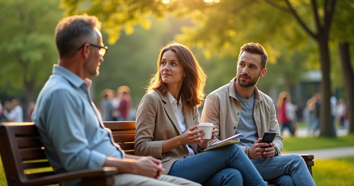 Amigos conversando em banco de parque com atenção plena 