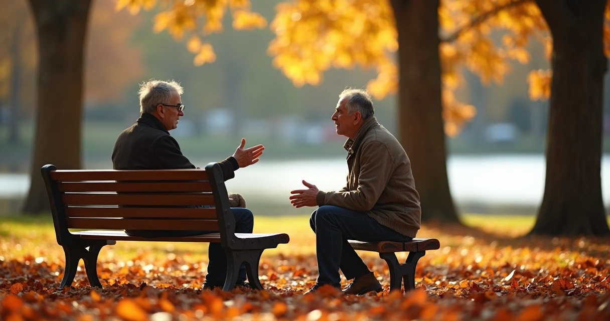 Dois adultos conversando em banco de parque com foco na escuta atenta 