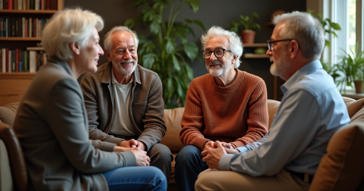 Quatro pessoas acima de 40 anos em uma roda de conversa, ouvindo com atenção 