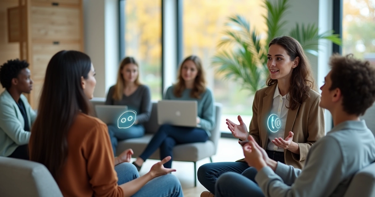 Grupo conectado em círculo com hologramas de conversas digitais ao redor 