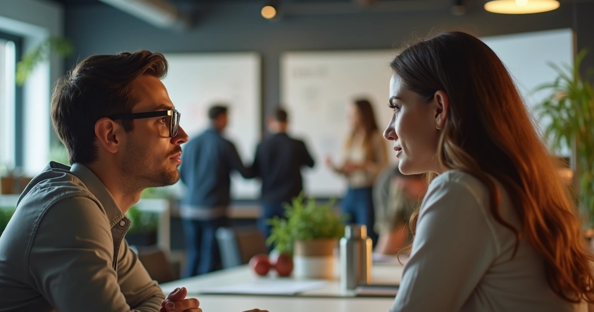 Duas pessoas em conversa atenta em ambiente de trabalho colaborativo 