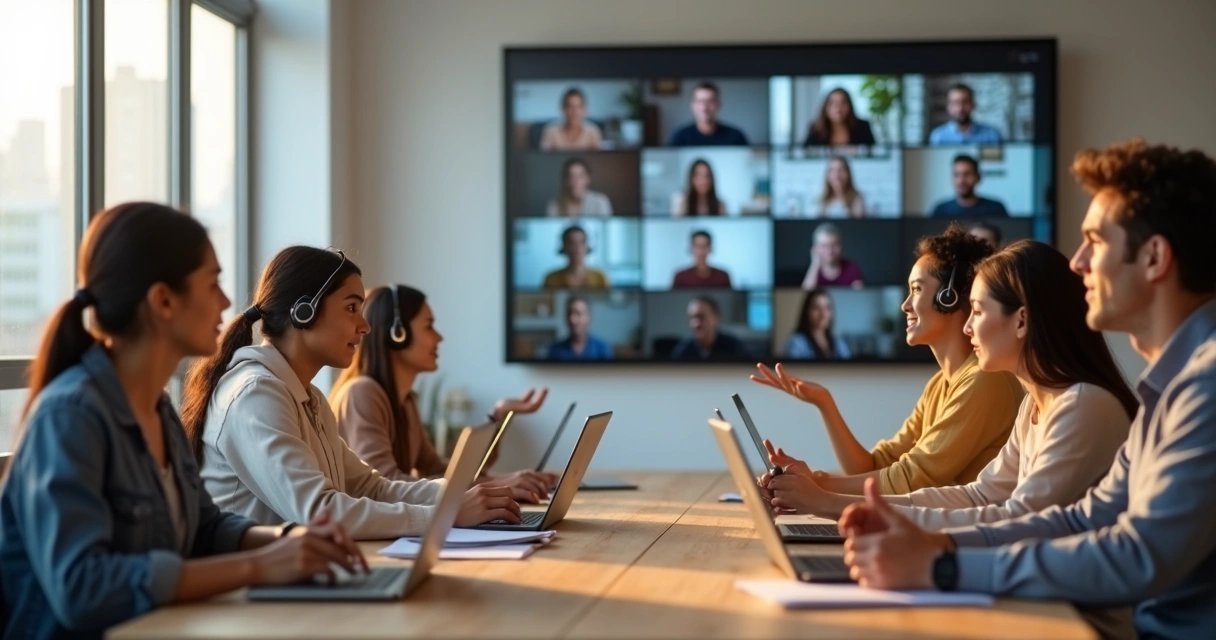 Grupo diverso em videoconferência praticando escuta ativa 