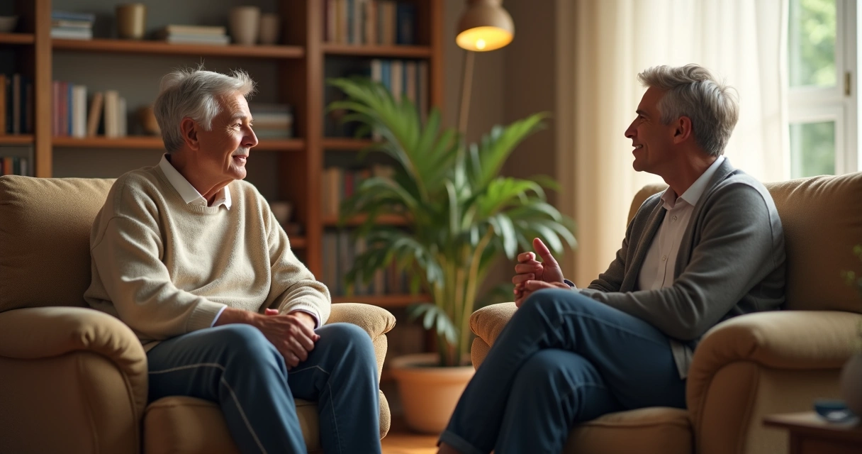 Duas pessoas sentadas frente a frente, uma ouvindo atentamente a outra em uma sala de estar.