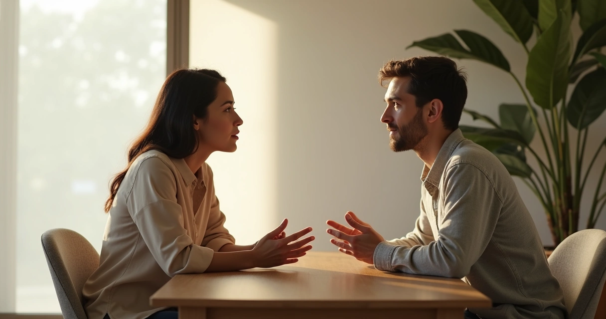 Duas pessoas conversando com atenção em um ambiente calmo 