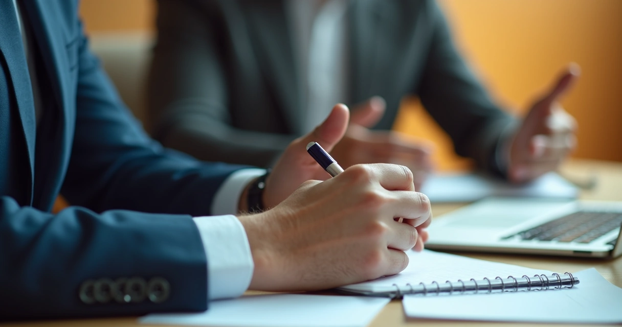 Pessoa olhando atentamente e fazendo anotações em reunião