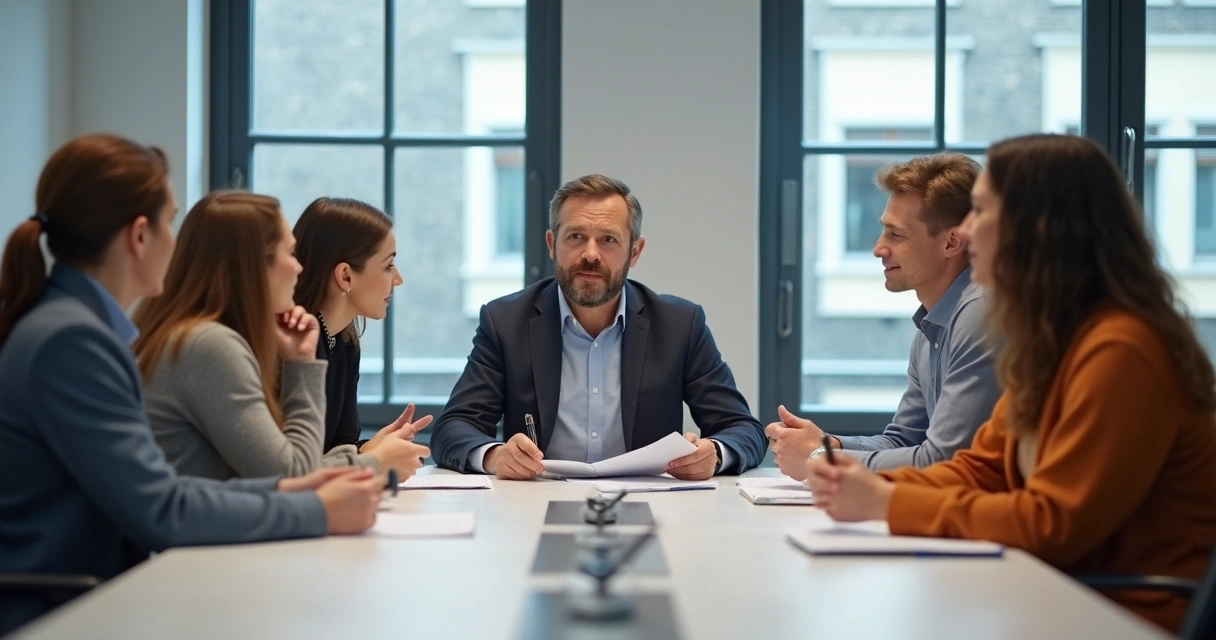 Grupo de pessoas em reunião, uma pessoa falando enquanto as outras escutam atentas