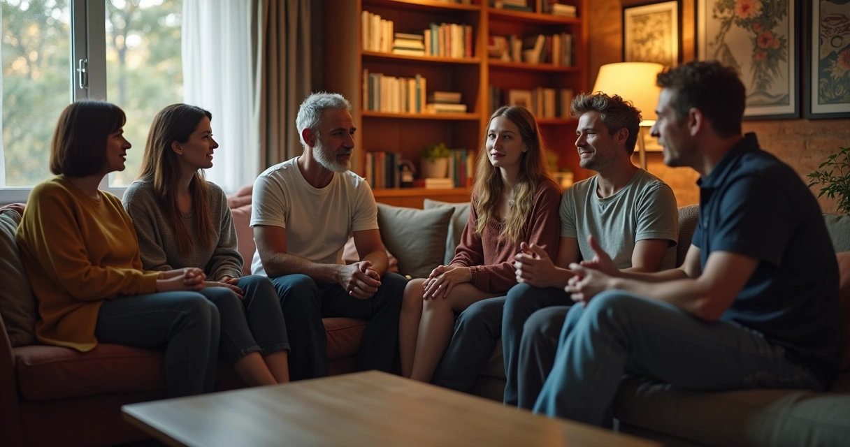 Pessoas reunidas sentadas conversando com postura de escuta ativa