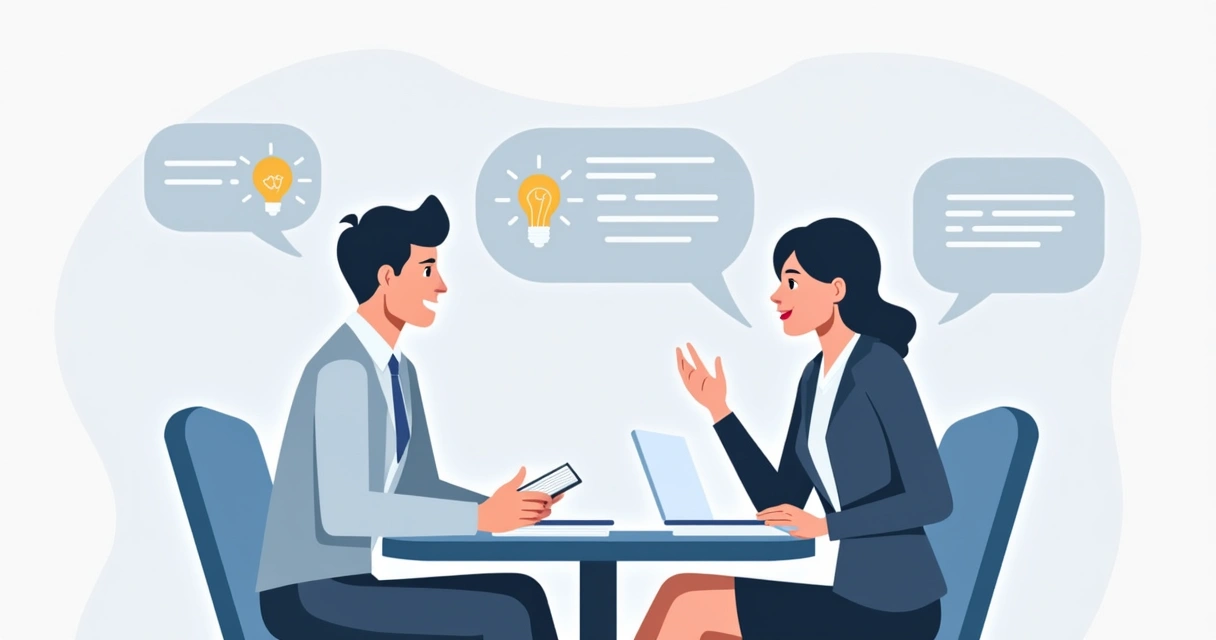 Duas pessoas em reunião conversando atentas e concentradas, mostrando escuta ativa. 