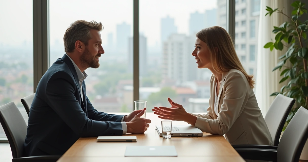 Duas pessoas em reunião de trabalho praticando escuta ativa e criando confiança 