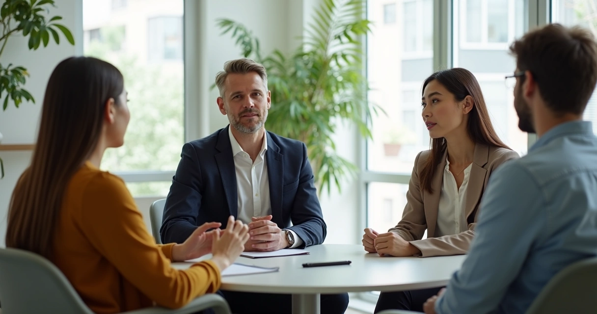 Grupo em reunião praticando escuta ativa