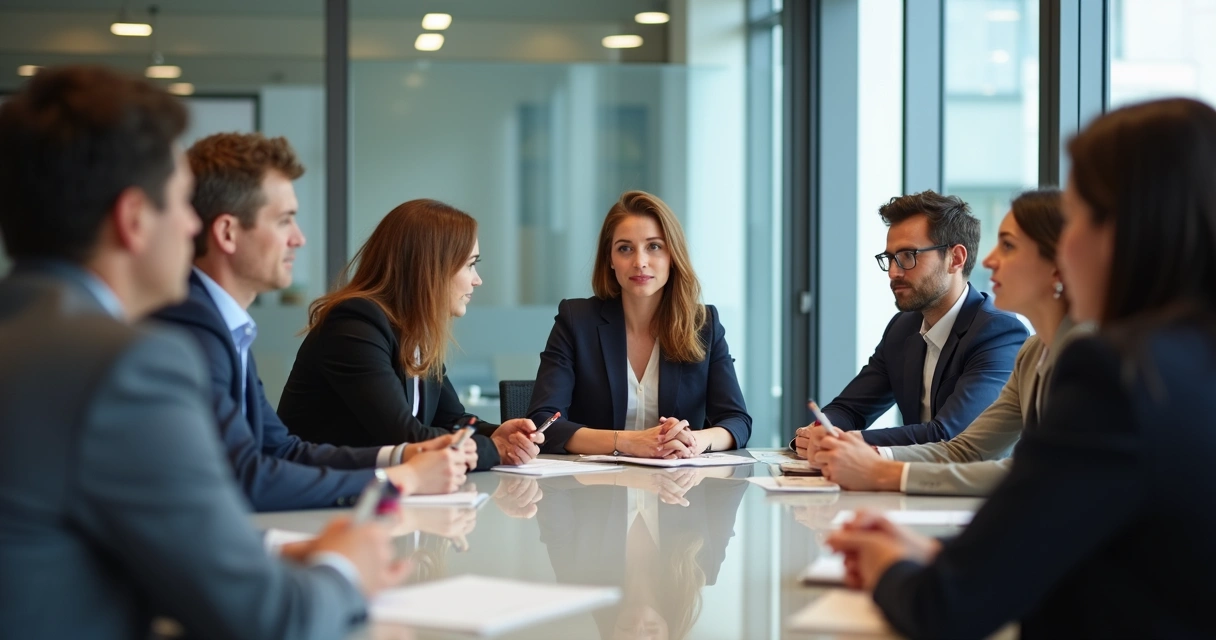 Grupo em uma sala de reunião prestando atenção em quem fala 