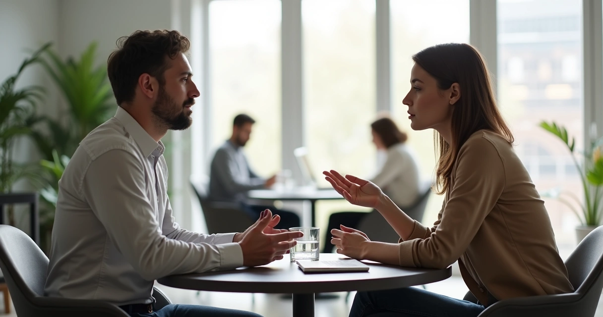 Duas pessoas em reunião praticando escuta ativa em ambiente de trabalho moderno 