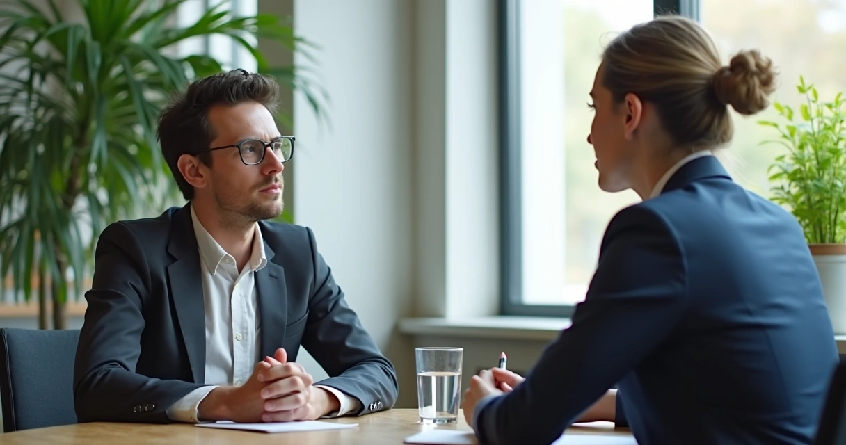 Profissional escutando atentamente cliente durante reunião em sala moderna