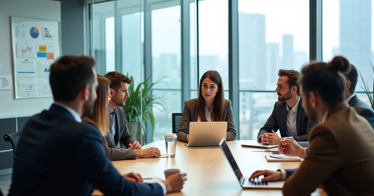 Equipe em reunião corporativa praticando escuta ativa ao redor de mesa de trabalho 