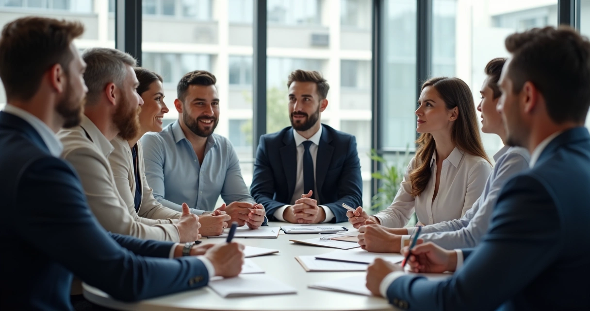 Reunião corporativa com profissionais atentos em círculo discutindo juntos 