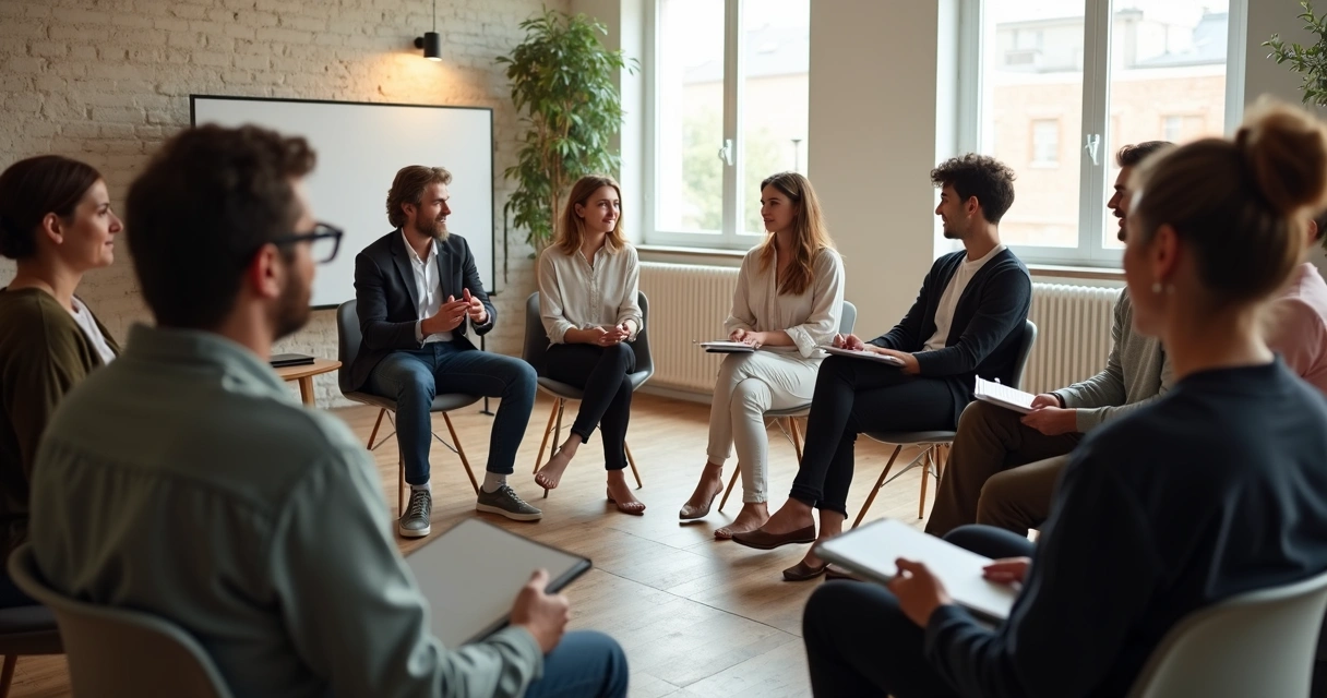 Grupo de pessoas sentadas em círculo escutando atentamente uma pessoa falando
