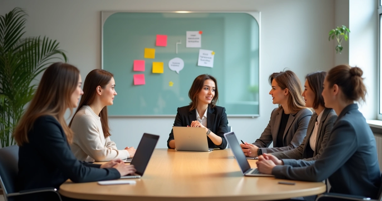 Equipe em reunião praticando escuta ativa no escritório 