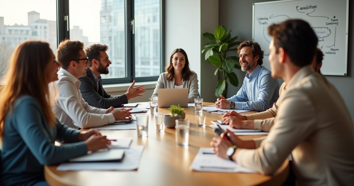 Equipe em reunião de trabalho com foco em escuta atenta e diálogo consciente 