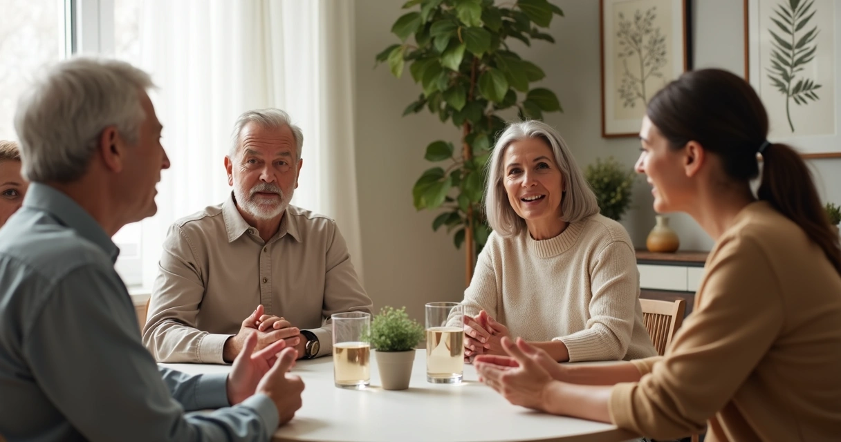 Família praticando escuta ativa em conversa tranquila