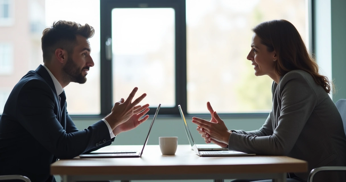 Duas pessoas sentadas em uma sala de reunião, uma ouvindo atentamente a outra