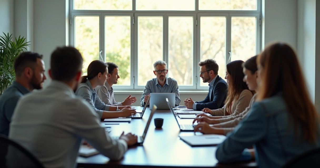 Colaboradores sentados em mesa de reunião ouvindo atentamente um colega