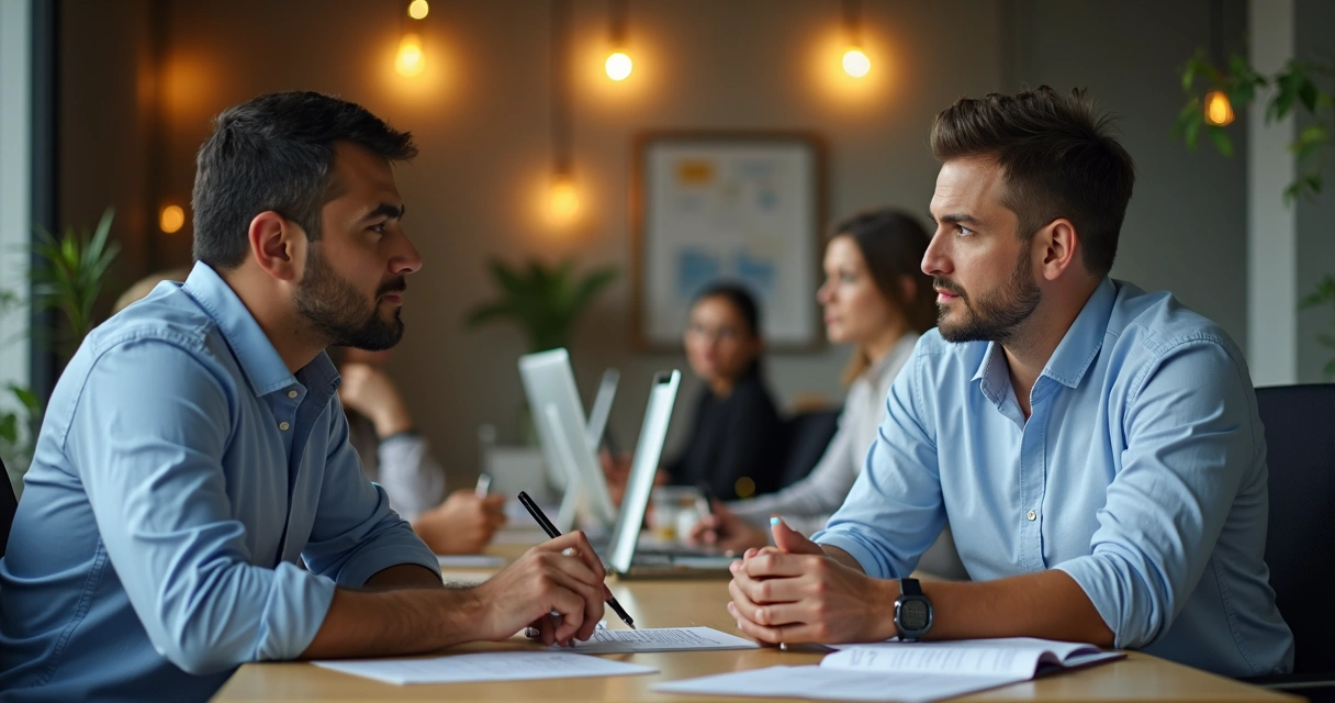Dois profissionais conversando, um atento ao outro, mesa de trabalho ao fundo 