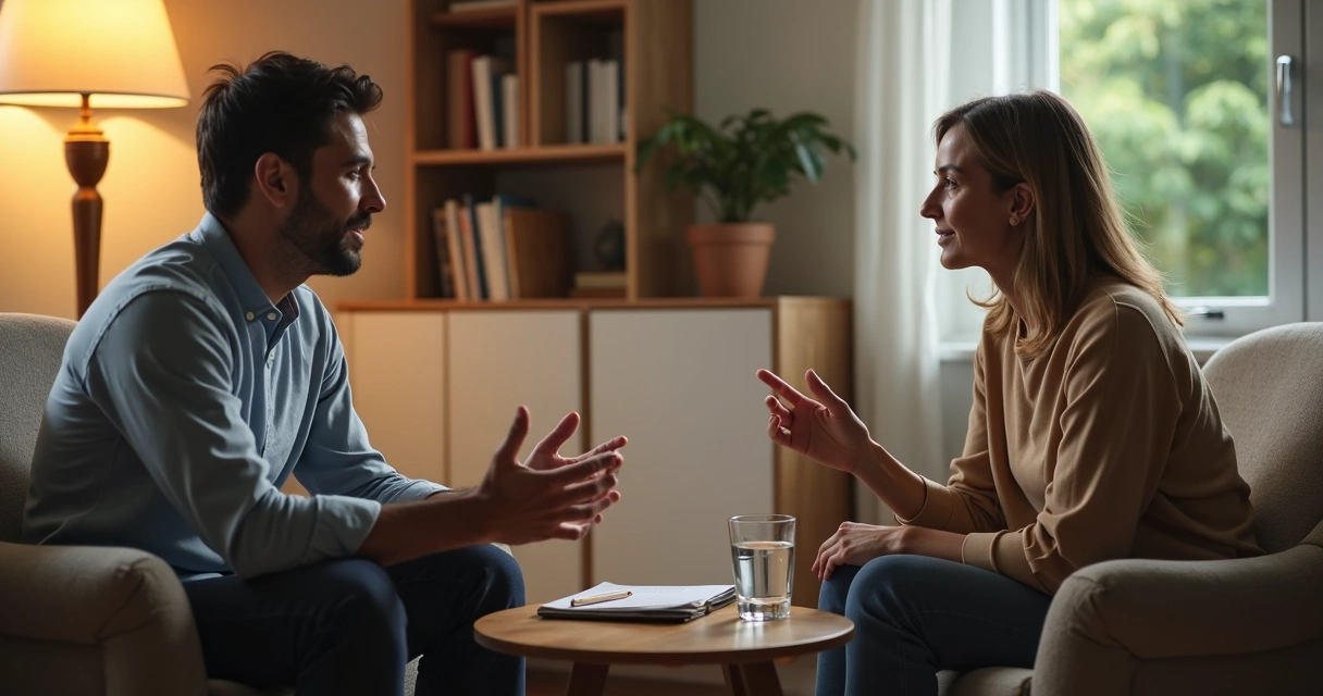 Duas pessoas sentadas frente a frente em conversa atenta em ambiente acolhedor 