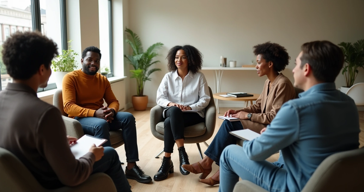 Grupo em círculo discutindo com abertura e escuta ativa 