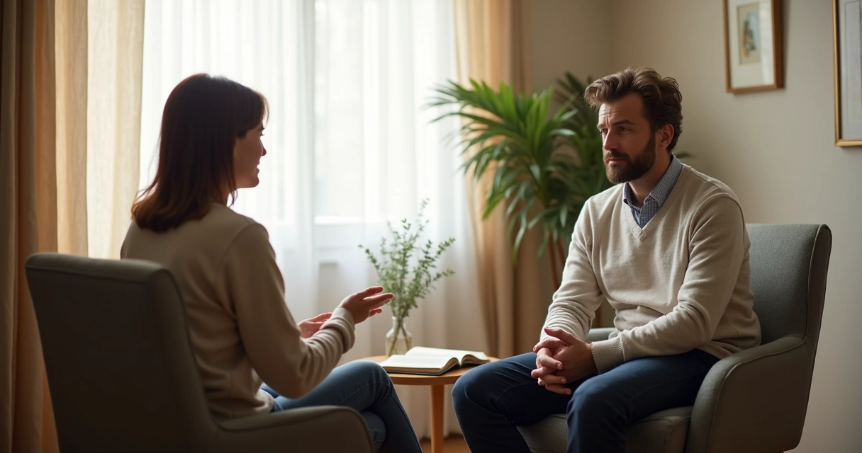 Duas pessoas conversando com postura calma e respeitosa em ambiente claro