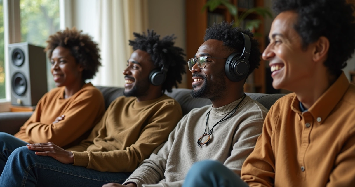 Pessoas ouvindo música juntas e sorrindo em ambiente interno 