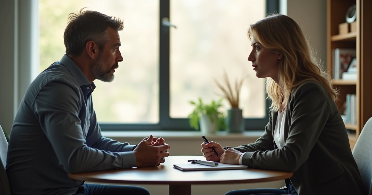 Duas pessoas conversando com atenção e empatia em um ambiente tenso 