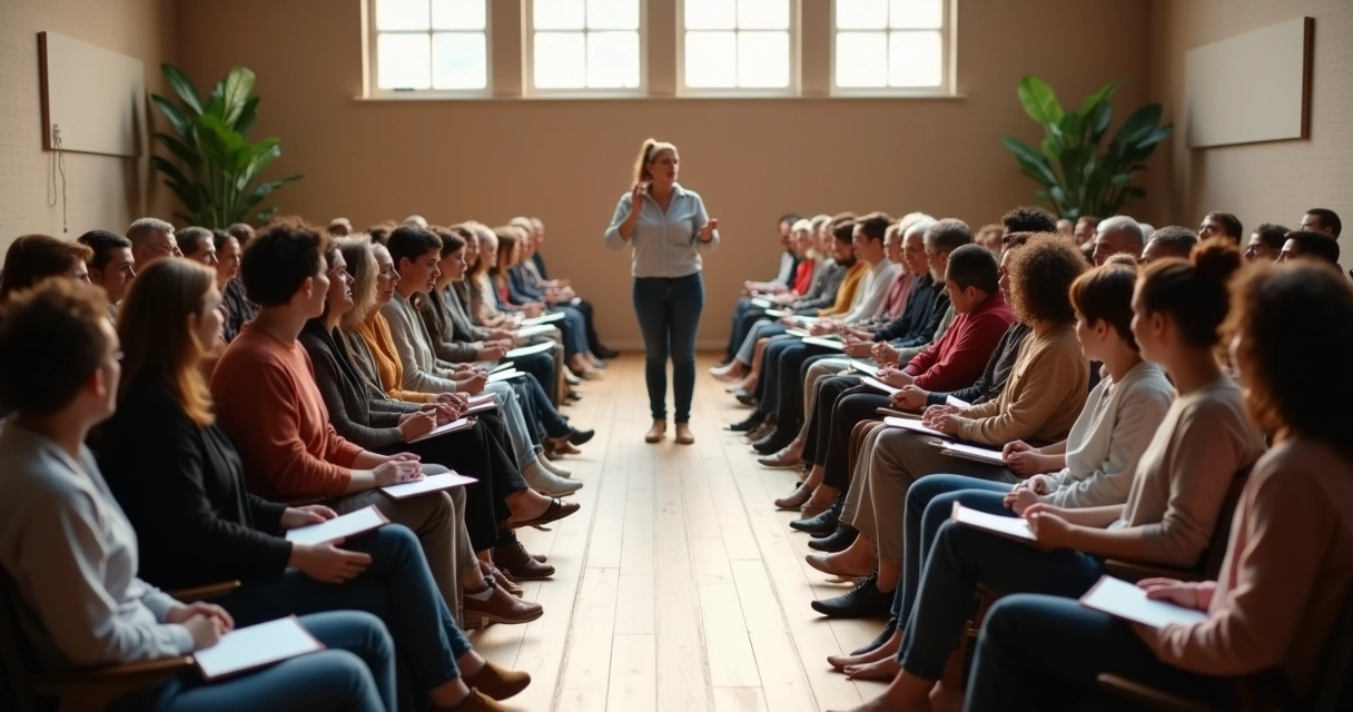 Grande grupo em auditório formando corredor humano para escuta individual 