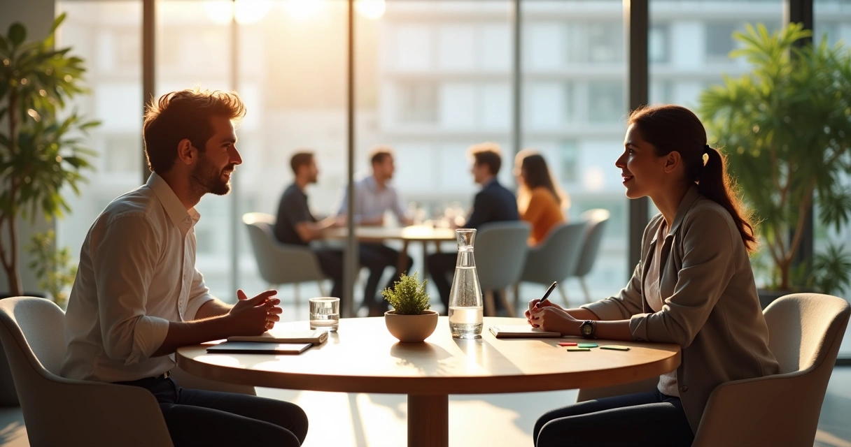 Duas pessoas em conversa acolhedora em sala de reunião moderna 