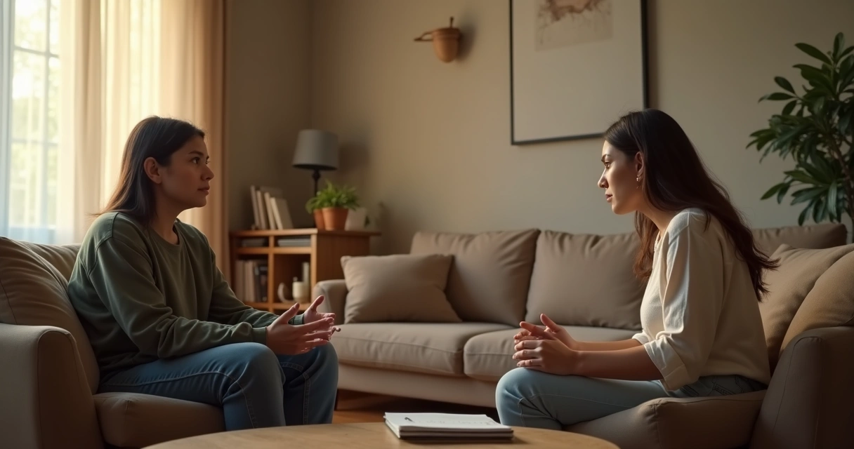 Duas pessoas conversando calmamente em um sofá com foco na escuta atenta 