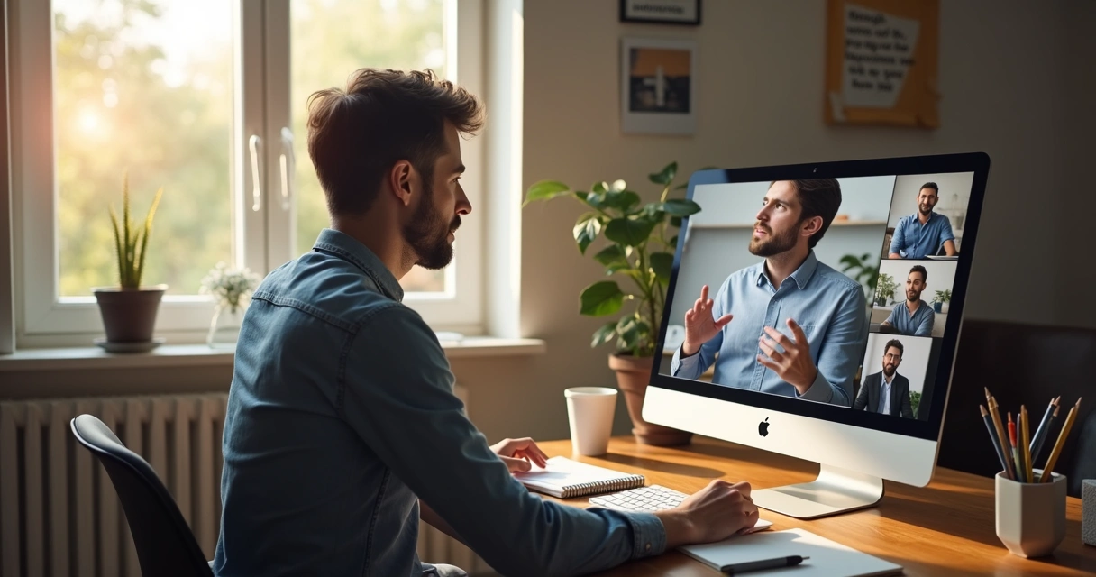 Gestor em home office ouvindo colaborador em videoconferência