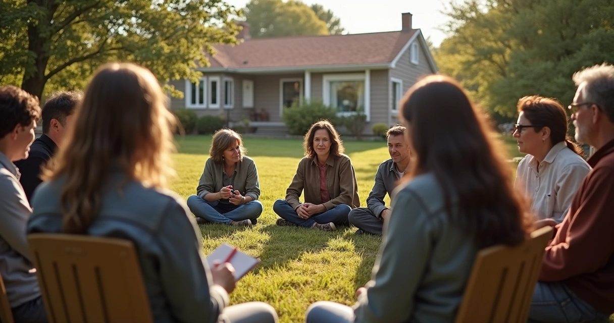 Pessoas de diferentes idades reunidas em roda conversando em uma comunidade local