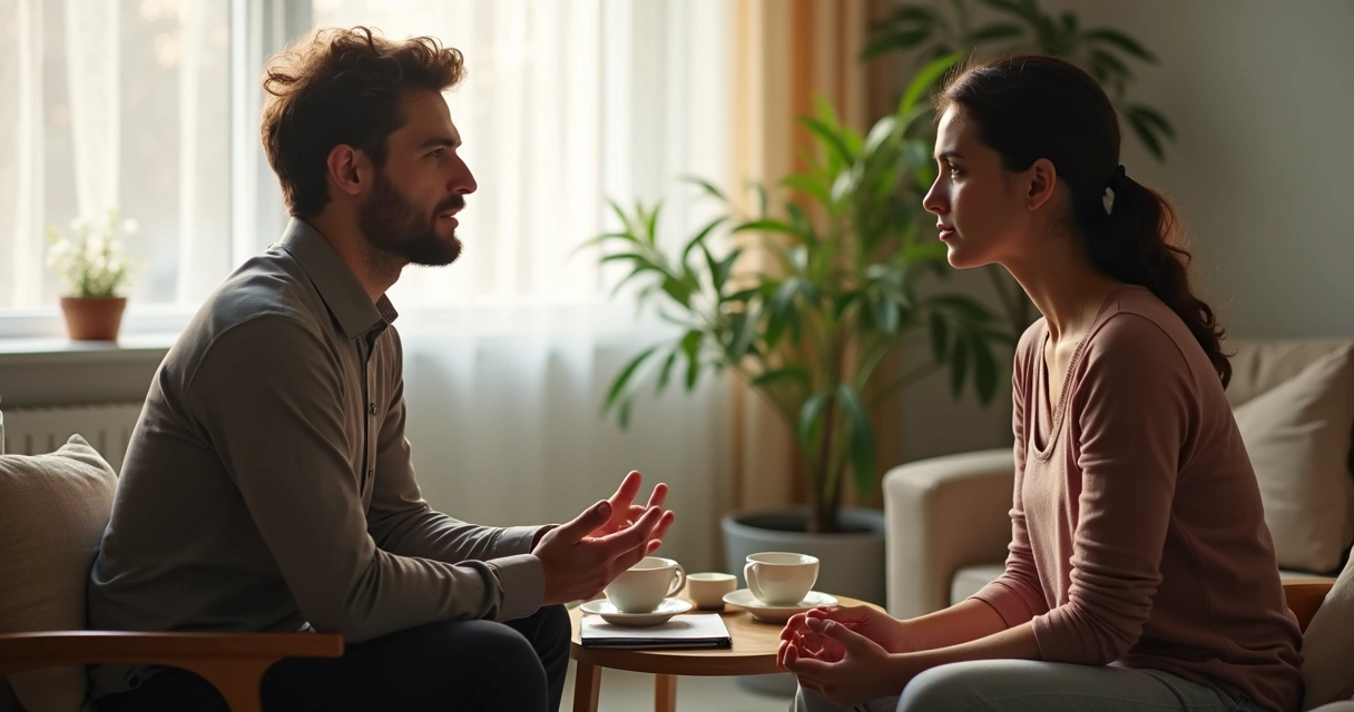 Duas pessoas conversando com atenção em ambiente calmo