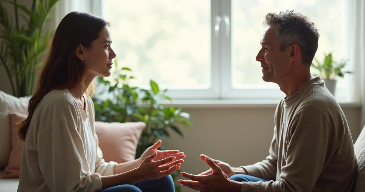 Duas pessoas conversando com atenção em ambiente calmo 