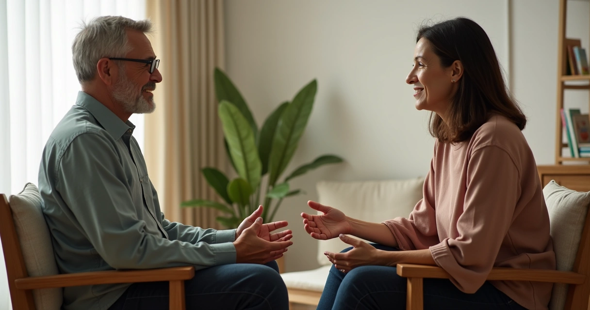 Duas pessoas conversando com atenção em ambiente tranquilo 