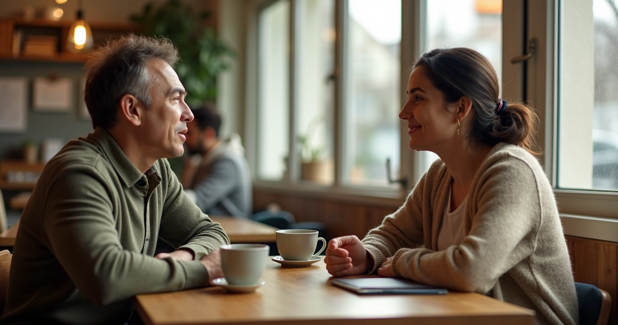 Duas pessoas conversando com atenção em mesa de café tranquila 