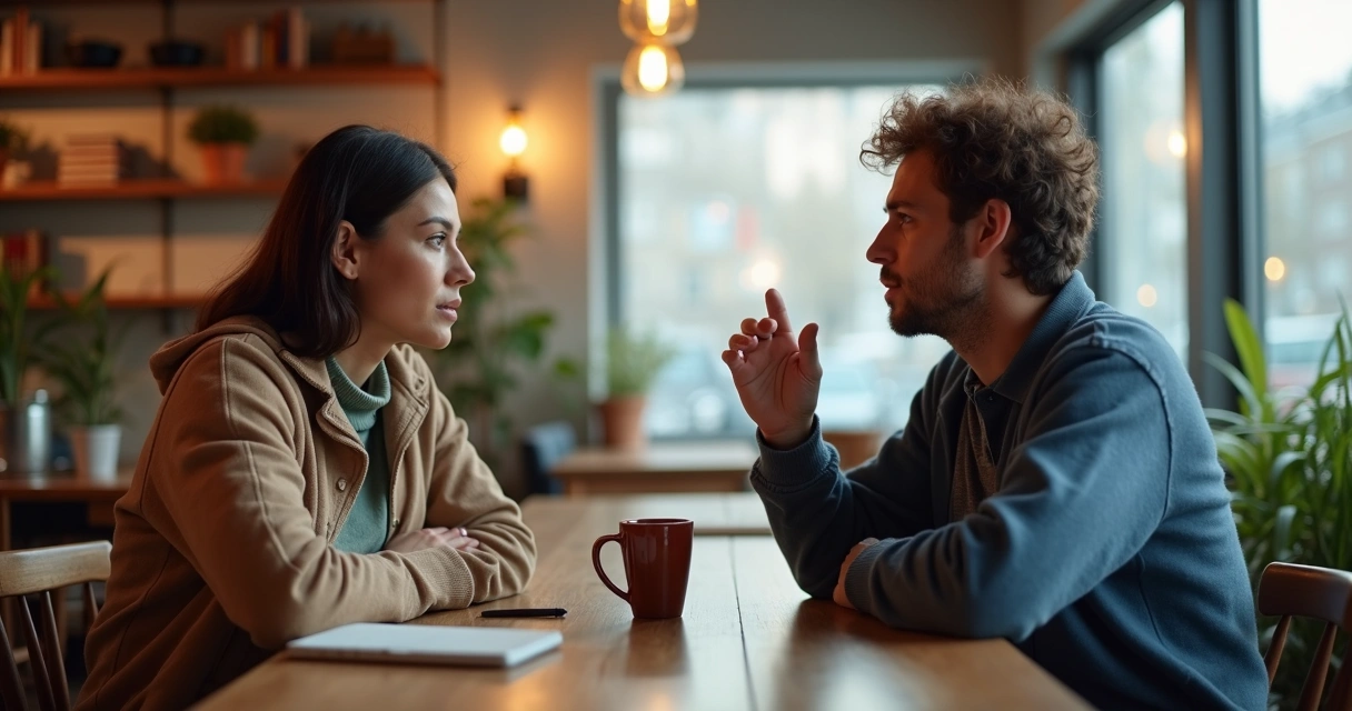 Duas pessoas conversando com atenção em uma cafeteria silenciosa 