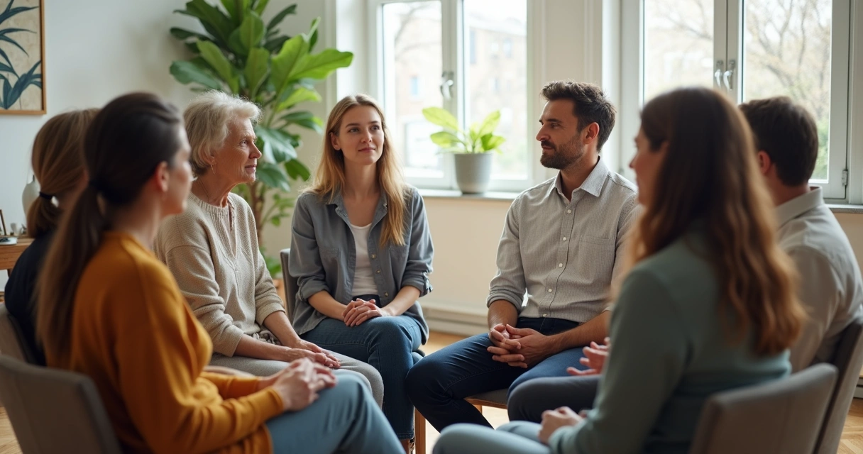 Grupo em roda praticando escuta consciente em conversa tranquila