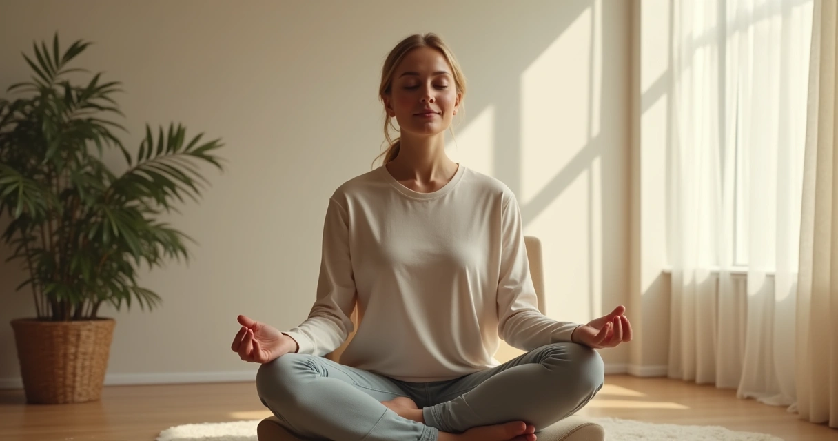 Pessoa com olhos fechados, sentada, mãos no colo, em ambiente calmo 