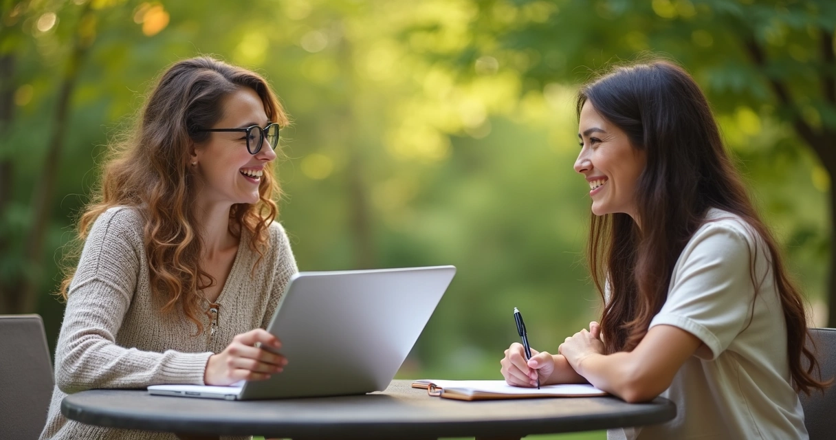 Duas pessoas de culturas diferentes conversando em ambiente aberto