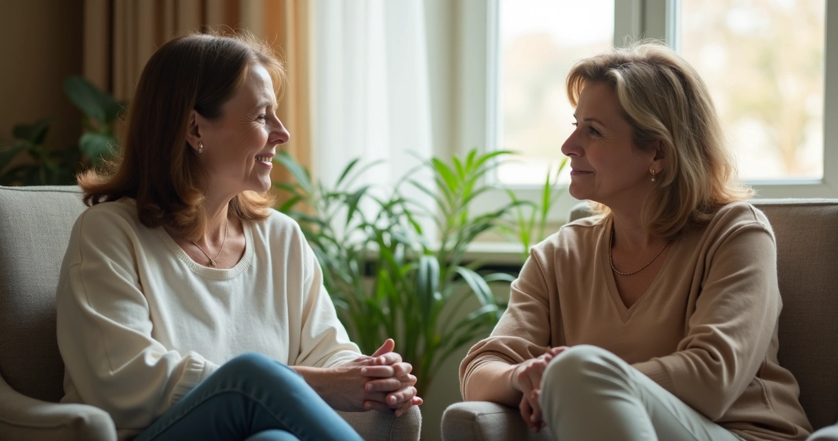 Duas pessoas retomando diálogo calmo em ambiente interno