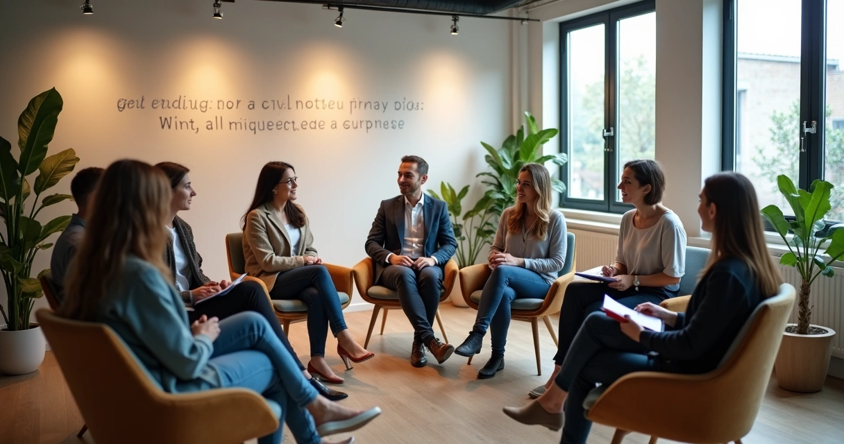 Funcionários sentados em círculo em espaço colaborativo, participando de roda de conversa 