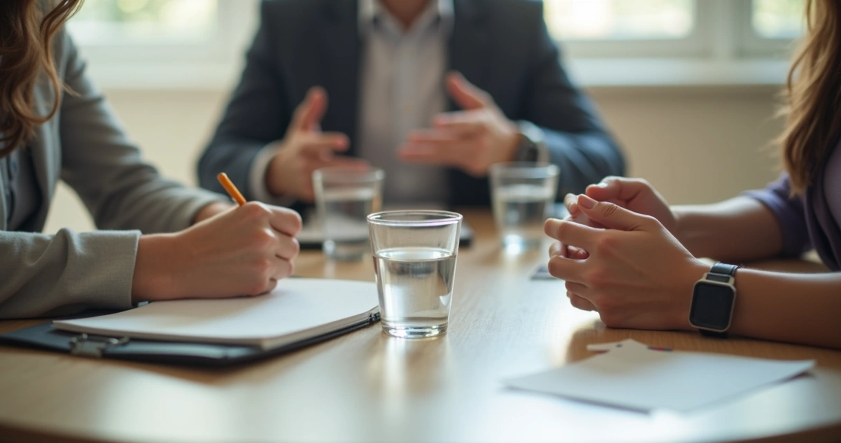 Mãos anotando durante conversa de mediação