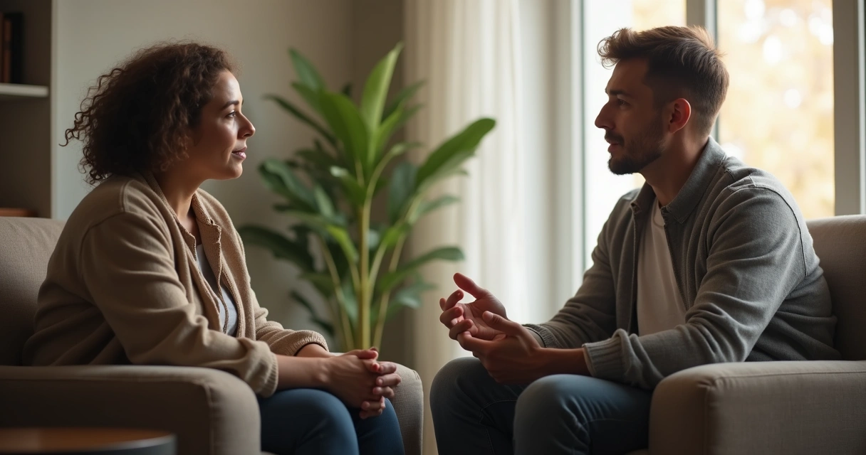 Duas pessoas em conversa com escuta atenta e postura aberta